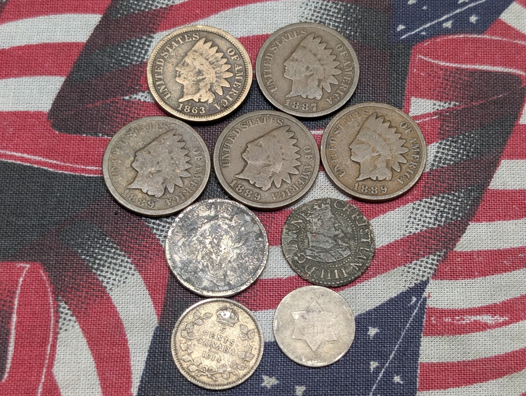 No Date Silver Three Cent, 1876 Seated Liberty 90% Silver Dime, 1914 Canada 92.5% Silver Five Cents, (5) Indian Head Cents, & (1) Ancient Co