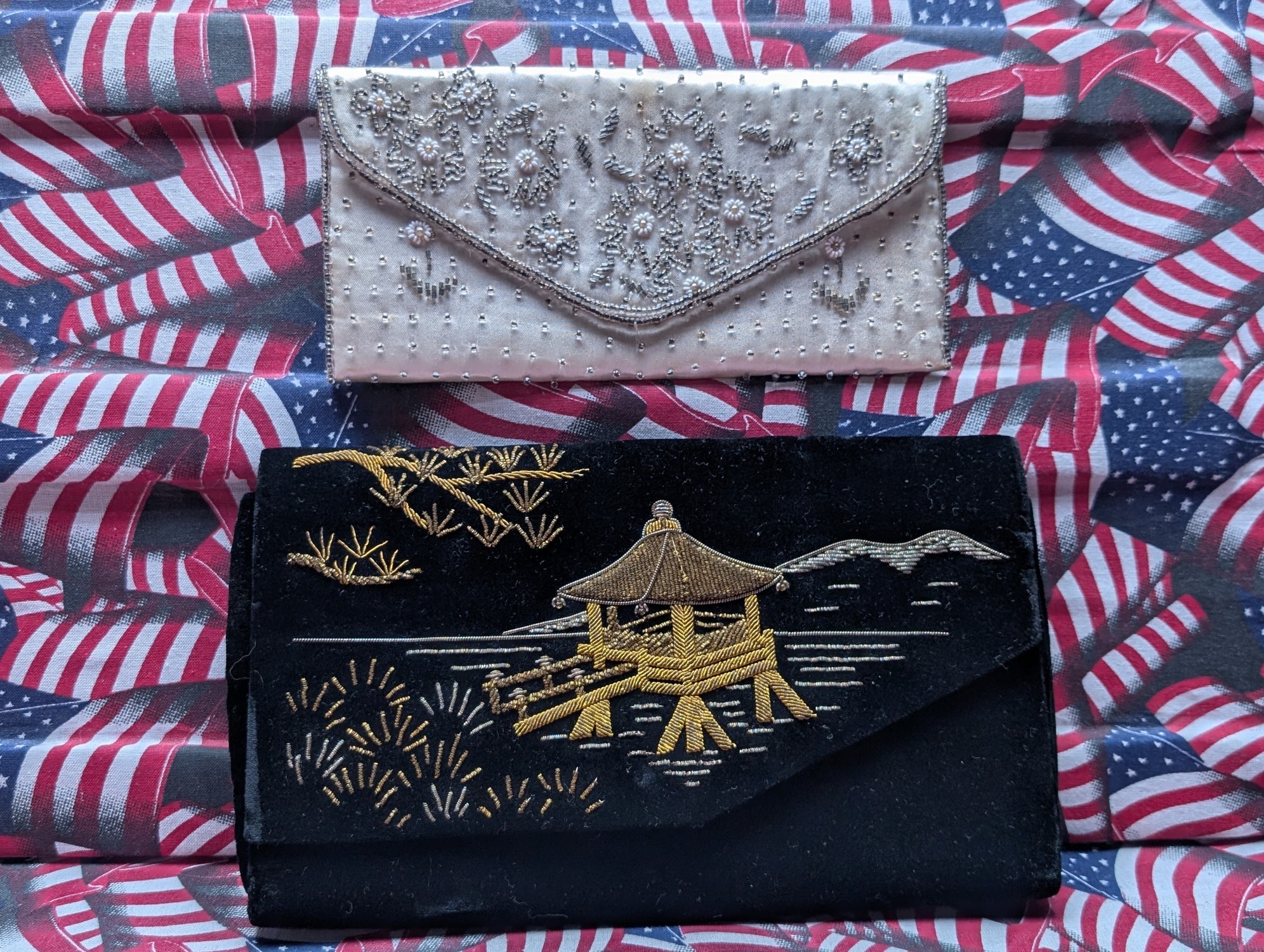 (2) Vintage Women's Clutches - Nice Hand Made White Silk w/ Beautiful Bead Work & Pretty Hand Stitched Chinese Art Work on Black Velvet