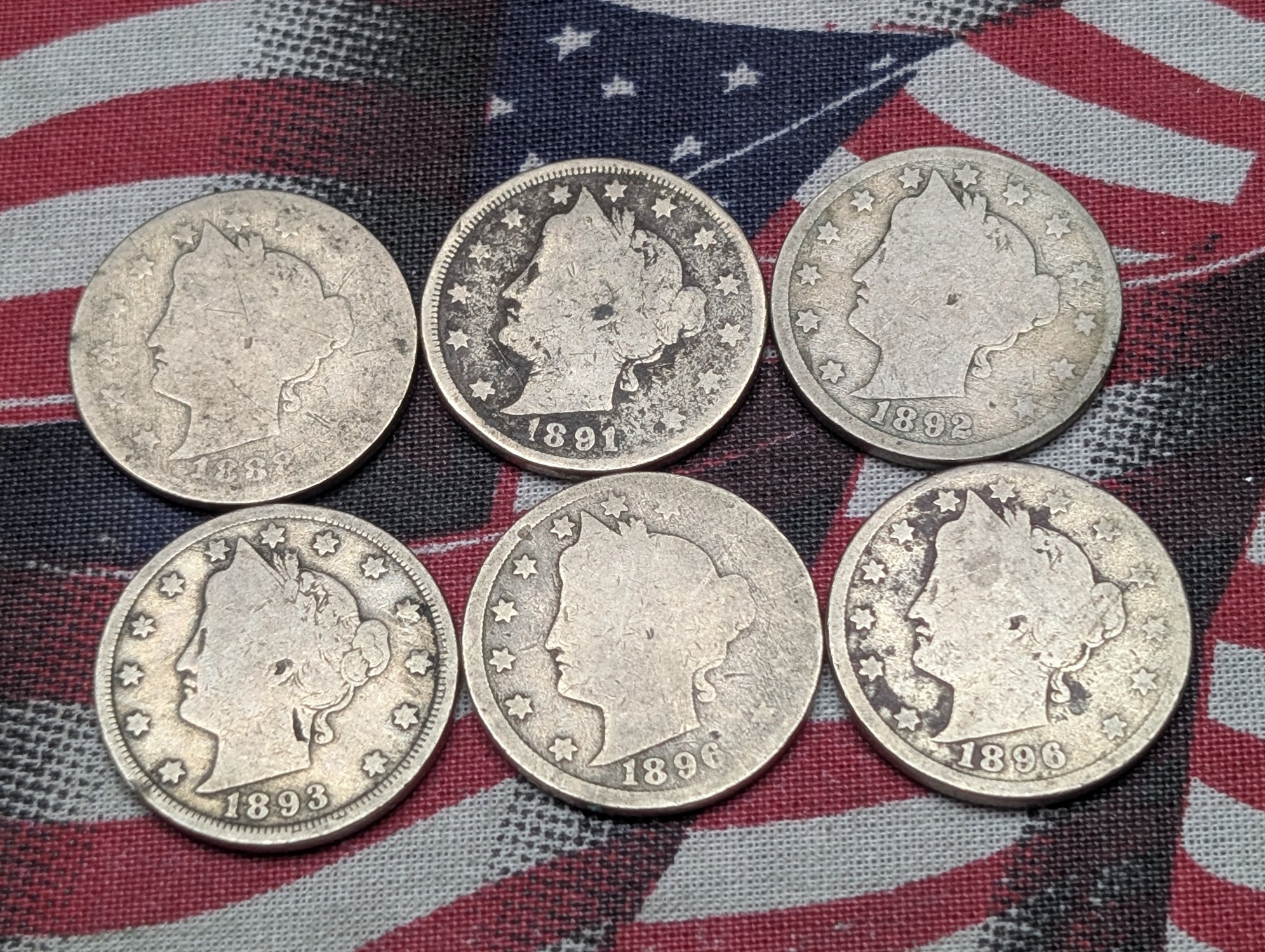 1888, 1891, 1892, 1893 & (2) 1896 Liberty Head V Nickels