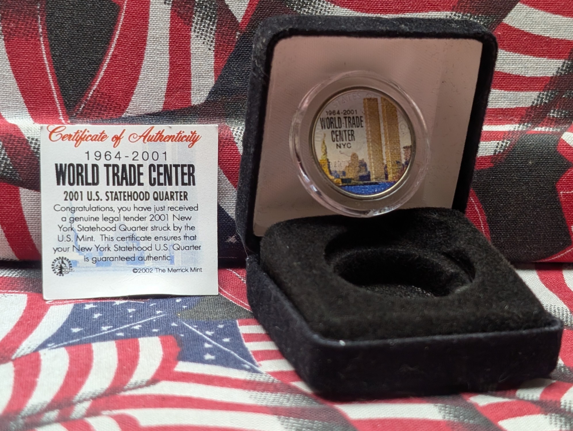 2001 Colorized New York Statehood Quarter Overlayed w/ World Trade Center in Display Box w/ COA