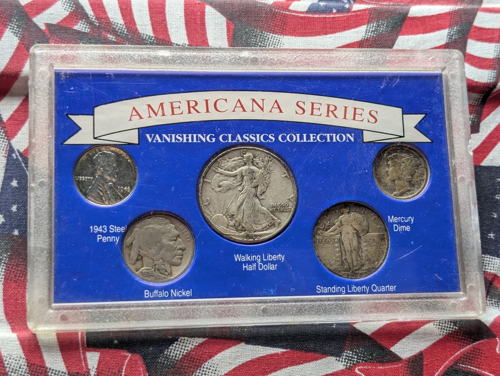 1942 Walking Liberty Half Dollar, 1930 Standing Liberty Quarter, 1943-D Mercury Dime, 1943 Lincoln Steel Wheat Cent, & 1936-D Buffalo Nickel