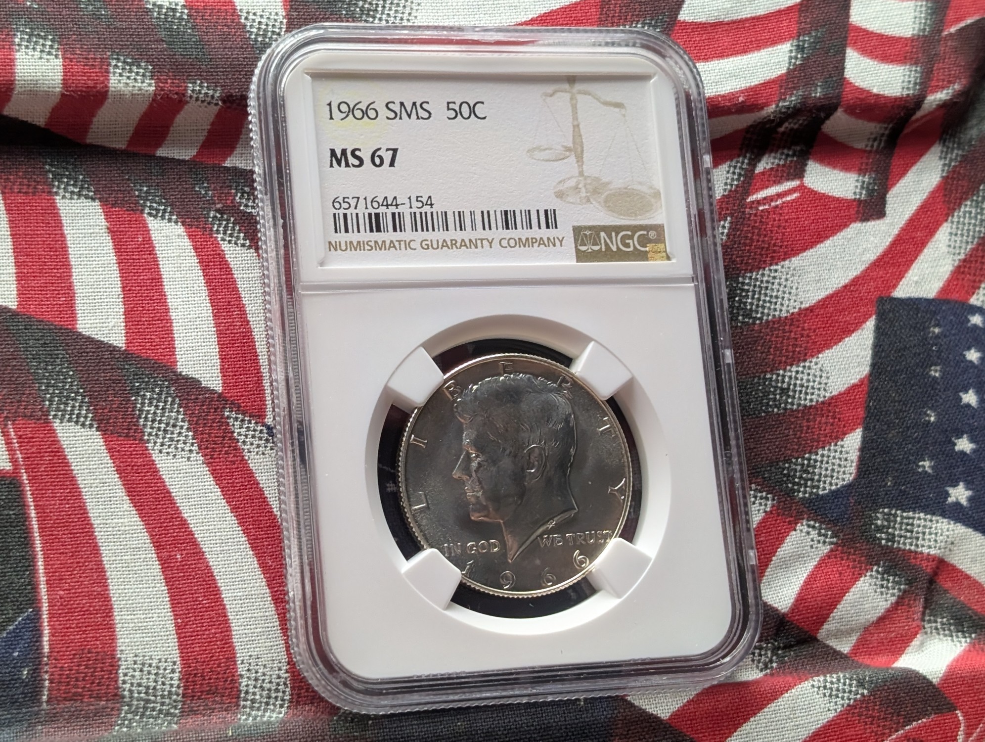 1966 SMS Kennedy 40% Silver Half Dollar NGC MS67