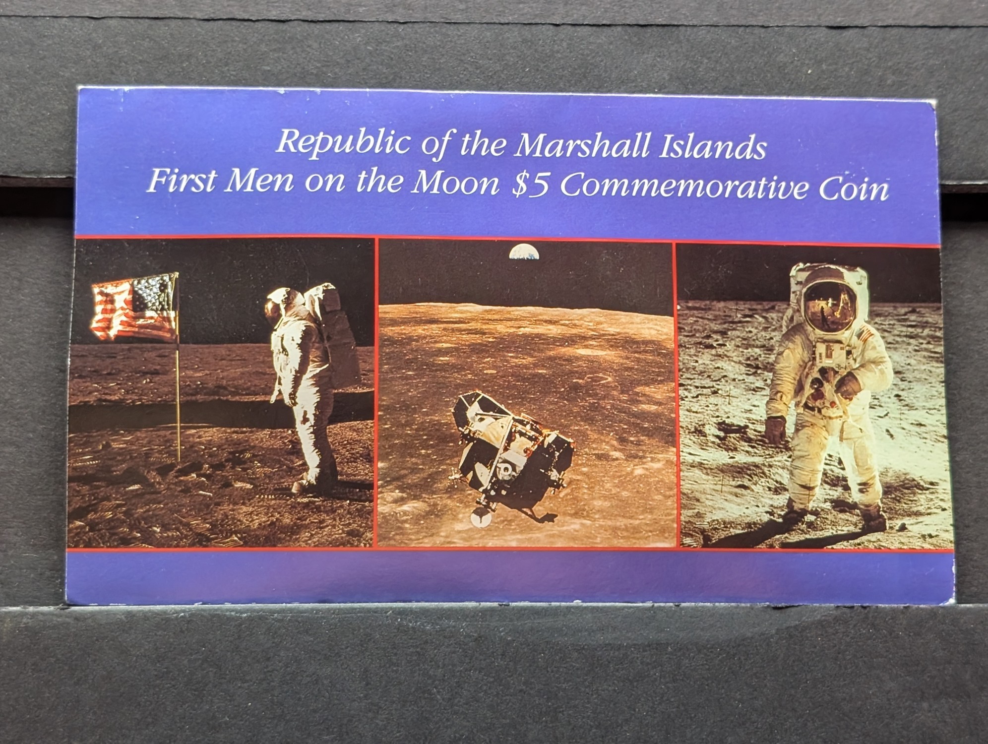 1989 Republic of The Marshall Islands The First Men on the Moon $5 Commemorative Coin in Display