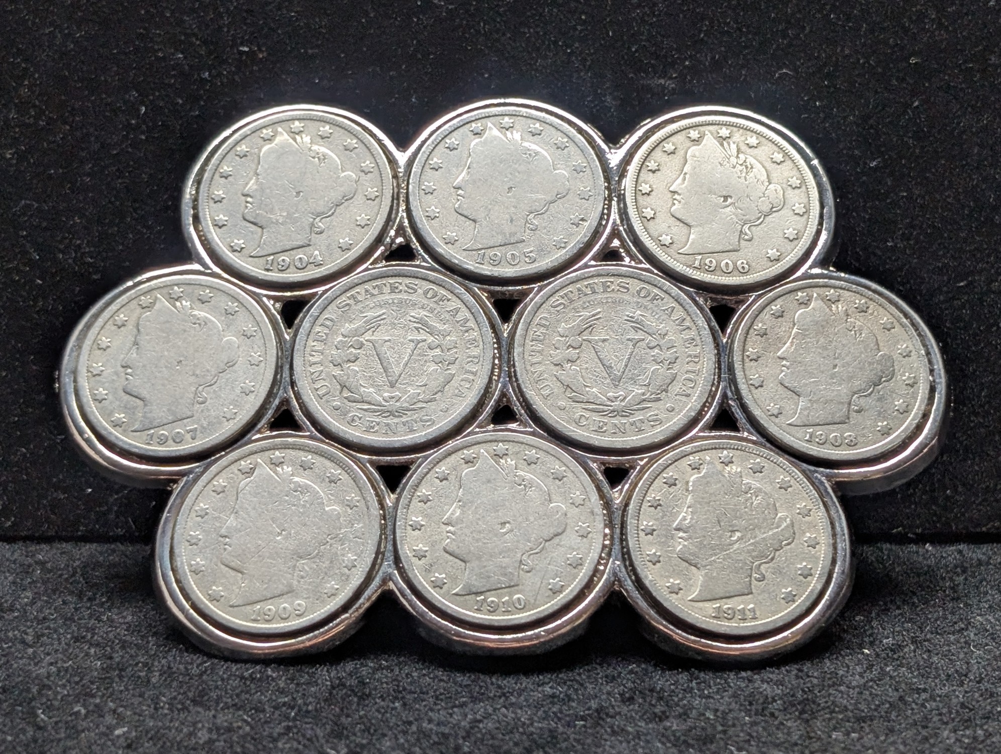 (10) Assorted Date Liberty Head V-Nickels Set in Belt Buckle