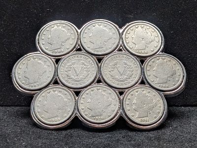 (10) Assorted Date Liberty Head V-Nickels Set in Belt Buckle Condition PLEASE NOTE Some coins 