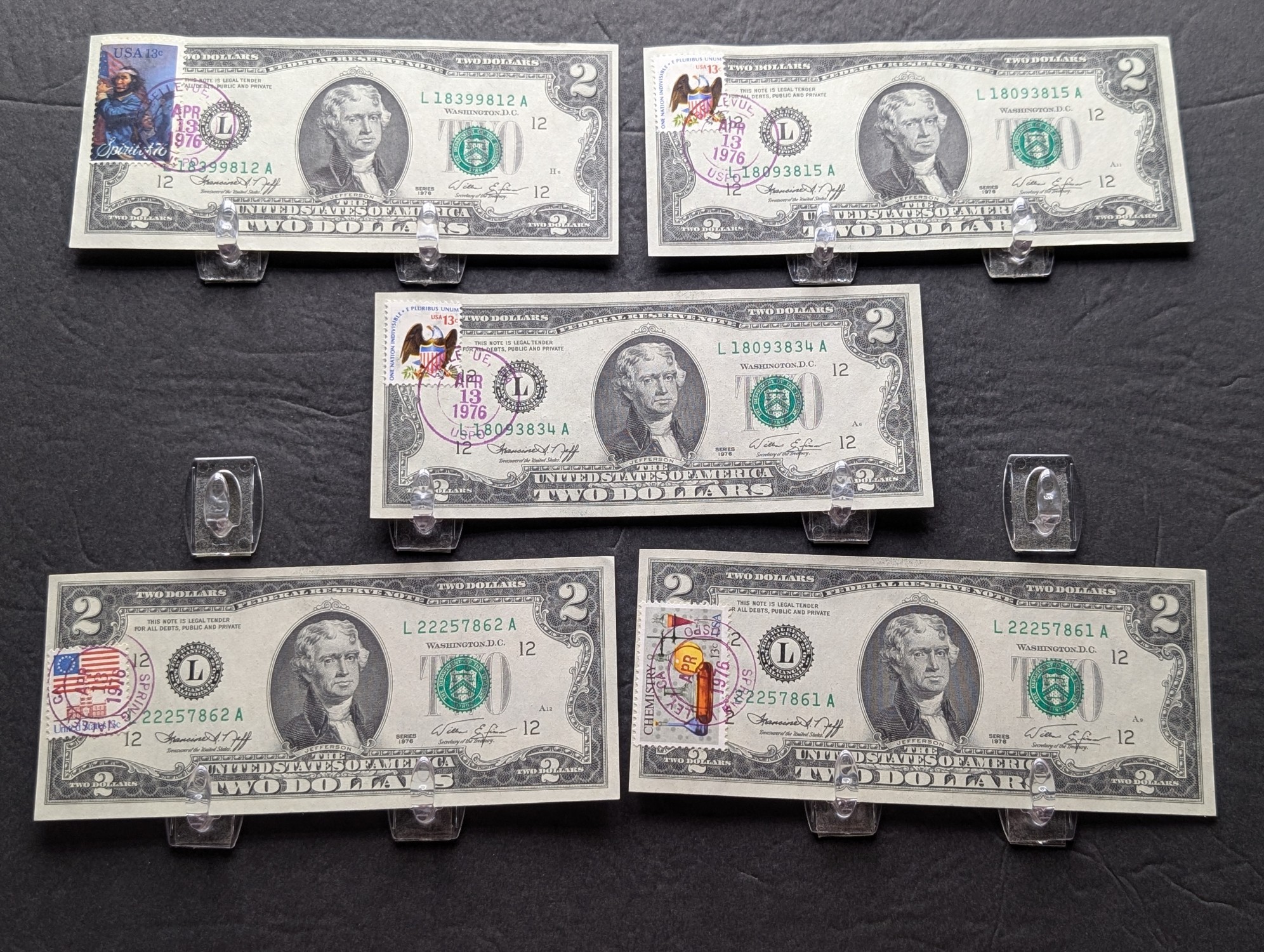(5) 1976 Series $2 Federal Reserve Notes w/ First Day Comme Stamps - CRISP UNC