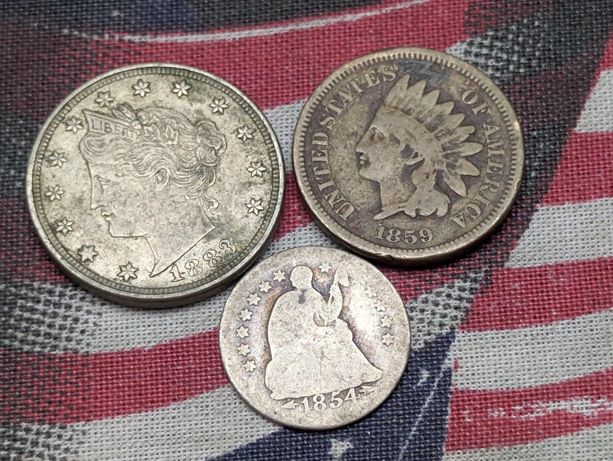 1883 No Cents Liberty Head V Nickel, 1859 Indian Head Cent, & 1854-O Seated Liberty 90% Silver Half Dime