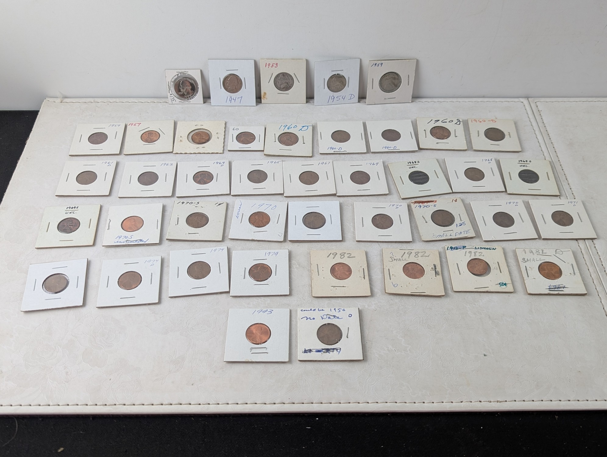(35) Lincoln Memorial Cents, (4) Jefferson Nickels, (1) Lincoln Wheat Cent & (1) 1970 Clad Quarter