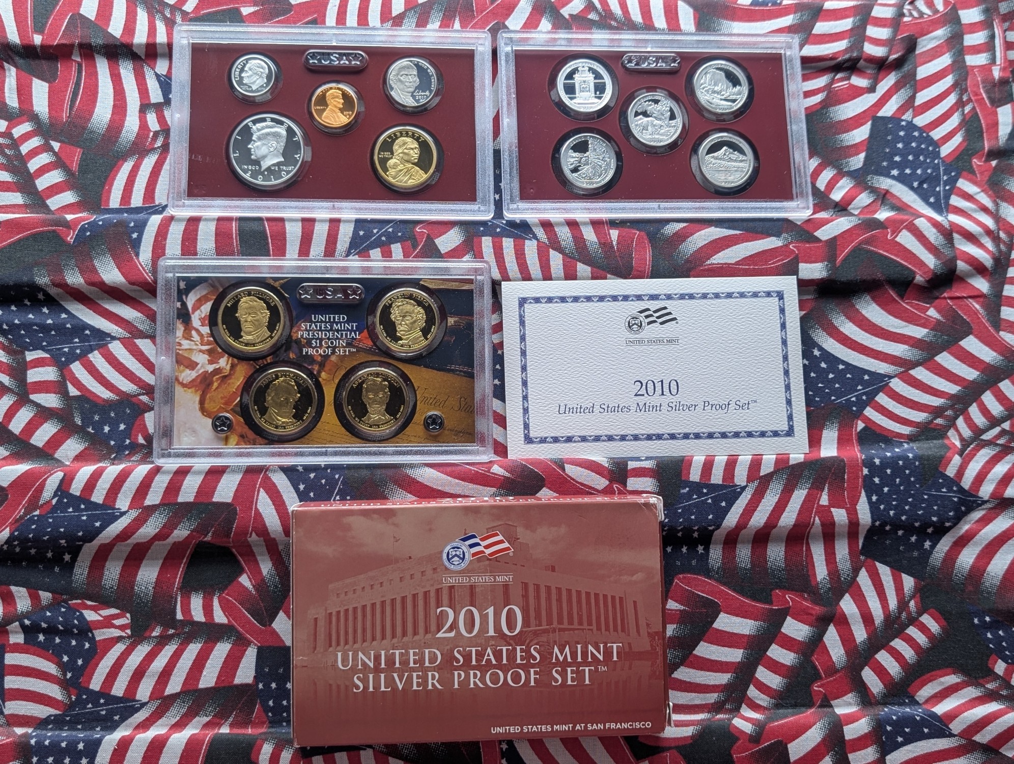 2010-S U.S. Mint Silver Proof Set with ATB Quarters, Presidential Dollars, and Sacagawea Dollar in OGP w/ COA - Includes (7) 90% Silver Coin