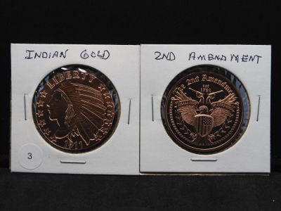 (2) One Troy Ounce Copper Rounds: Indian Gold design. (2) One Troy Ounce Copper Rounds: Indian 