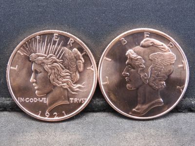 (2) One Troy Ounce Copper Rounds: 1921 Peace and Mercury Dime. Proof like.