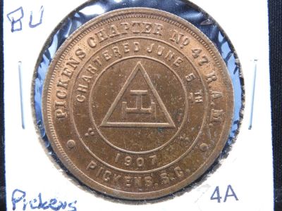 Super Red-Brown Pickens South Carolina Masonic Penny. Definitely uncirculated.