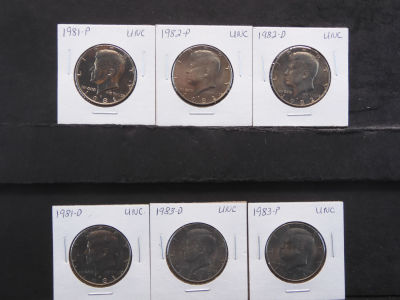 1981-P, 1981-D, 1982, 1982-D, 1983, 1983-D Unc. Kennedy Half Dollars