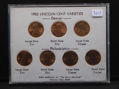 1982 Lincoln Cent 7 Coin Varieties set in Gem BU In hard case.