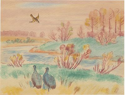 Тырса Николай Андреевич - Куропатки на берегу. 1937 г. Бумага, акварель Размер 14,5 &times; 19 см Тырса 