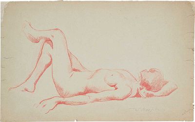 Масютин Василий Николаевич - Обнаженная модель лежа. 1920-е гг. Бумага, красный мел Размер 34,7 &times; 