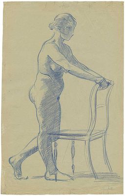 Масютин Василий Николаевич - Обнаженная, стоящая у стула. 1926 г. Бумага, синий карандаш Размер 56 