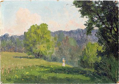 Лучишкин Сергей Алексеевич - Опушка у леса. 1960 г. Картон, масло Размер 24 &times; 34 см На оборотной 