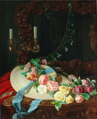 Мартин-Схот Франсина Луиза (1816-1894)
"Натюрморт с розами и соломенной шляпкой", Середина XIX века.