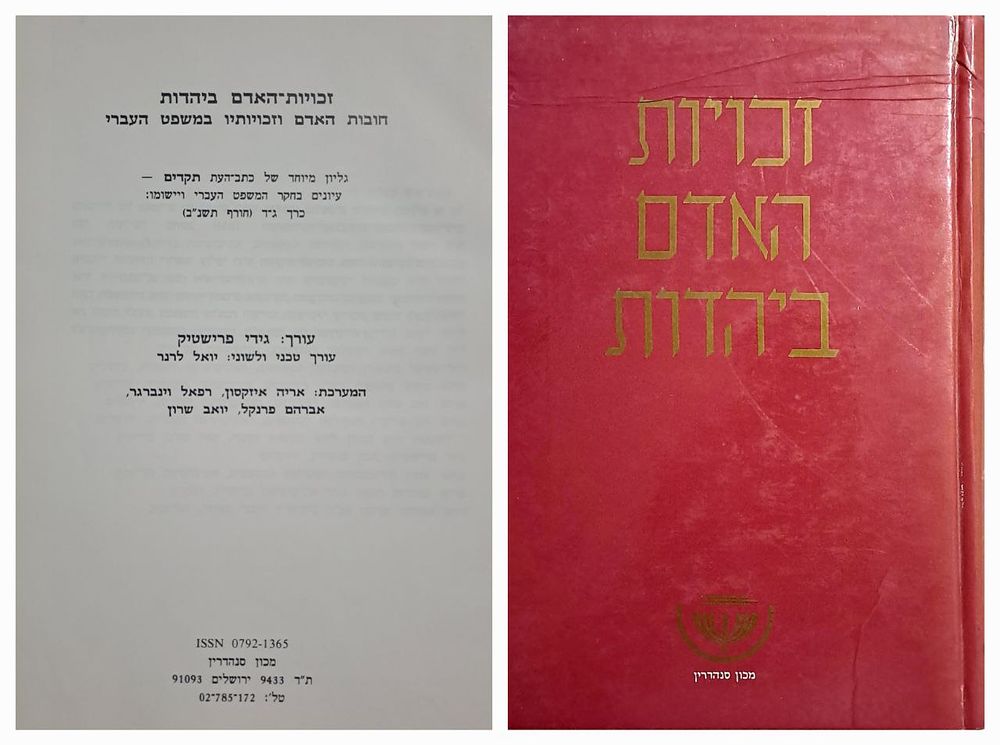 זכויות האדם ביהדות - חובות האדם וזכויותיו במשפט העברי. מכון סנהדרין, ירושלים, תשנ"ב [1992]. הספר 