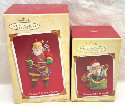 Hallmark Keepsake Ornaments lot of two 2005 Yankee Doodle Santa and Santas Magic Sack. Hallmark 