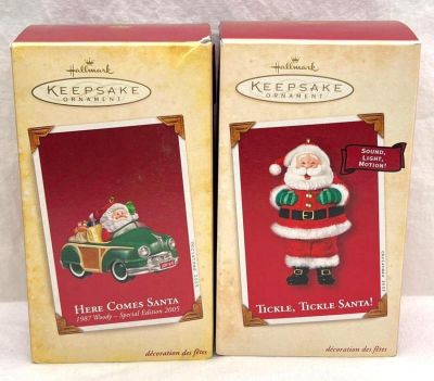 Hallmark Keepsake Ornaments lot of two Santas Here Comes Santa and Tickle Tickle Santa with sound. 