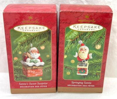 Hallmark Keepsake Ornaments lot of two 2001 Santas Springing Santa and Santa's Sweet Surprise. Ha 