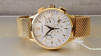 שעון מהמם של חברת Movado Chronograph Gold Edition, מנגנון קוורץ עם פונקציות כרונוגרף ותאריך 