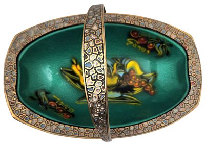 קערת פירות מפליז כנראה "אילן" ישראליאנה, מעוטרת ציור יד על אמייל, אורך 25 ס"מ