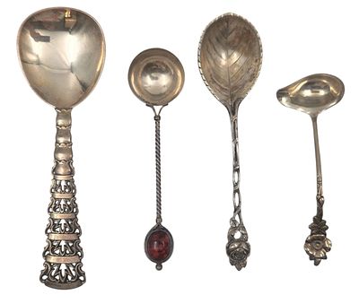 אוסף 3 כפות מזיגה כסף 800 עתיקות, מעוצבות, חתומות, הארוכה 19.5 ס"מ, משקל 162 גרם