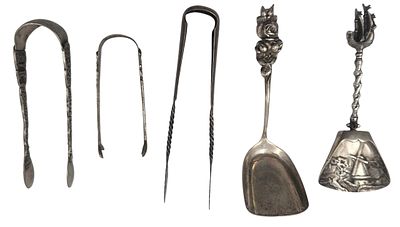 אוסף 3 מלקחים לקוביות סוכר ו-2 כפות לסוכר, כסף 800 עתיקים, מעוצבים, חתומים, הארוך 13 ס"מ, משקל 