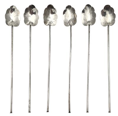 סט 6 כפיות קשיות כסף 925 למאצ'ה, מעוצבות כעלים, חתומות, אורך 20 ס"מ, משקל 30 גרם