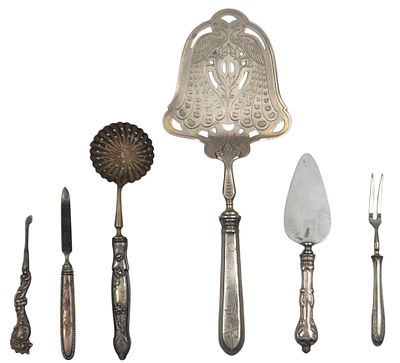 אוסף 6 כלים שונים ועתיקים, ידיות כסף 800, חתומים, הארוך 28 ס"מ