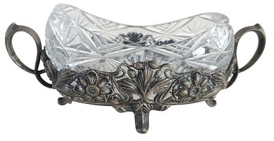 סנטר פיס כסף 800 גרמני עתיק, כולל כלי קריסטל, חתום, אורך 26 ס"מ, משקל הכסף 170 גרם