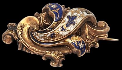 סיכת זהב 18K עתיקה מעוטרת אמייל, הלחמה ישנה בצד הפנימי, אורך 50 מ"מ, משקל 6.9 גרם