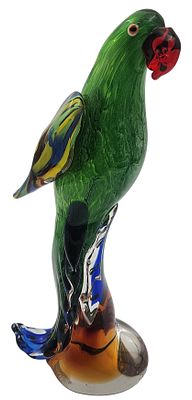 תוכי זכוכית "מורנו" איטליה, אמנותי, צבעוני ואיכותי, חתום, גובה 30 ס"מ. 
פריט שביר או בגודל ו/או 