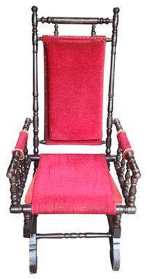 כסא נדנדה קולוניאלי מעץ, ריפוד קטיפה, גובה משענת 105 ס"מ. 
הרהיטים משומשים ויתכנו פגמים קלים 