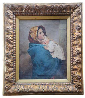 ציור שמן עתיק, "מדונה ברחובות" לפי רוברטו פרוצ'י Roberto Farruzzi, חתום חלש, 40&times;33 ס"מ.