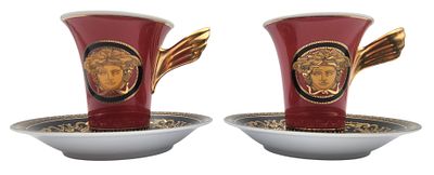 זוג ספלים ותחתיות פורצלן ROSENTHAL VERSACE גרמניה, חתומים