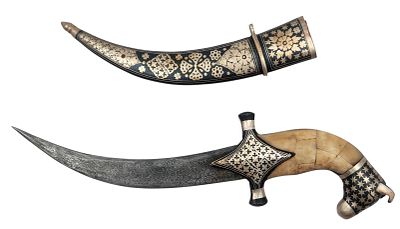 פגיון רג'סטני מחופה עצם ועבודת ניילו, להב פלדת דמסקוס, אורך 35 ס"מ