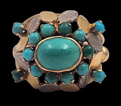טבעת זהב 18K עתיקה, משובצת אבני טורקיז טבעיות, מידה 53, משקל 6.6 גרם