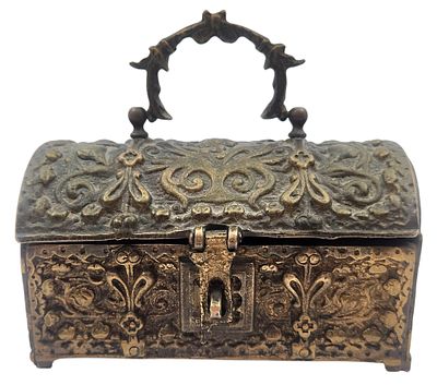 תיבת תכשיטים צרפתית עתיקה וכבדה מברונזה, מעוטרת תבליטים, 15X8X8 ס"מ