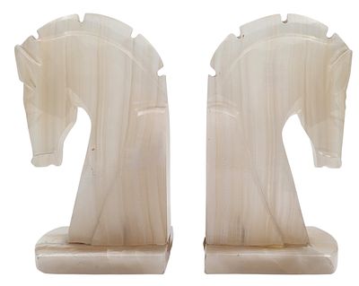 זוג מחזיקי ספרים מפוסלים כסוסים באבן אוניקס טבעית, גובה 20 ס"מ