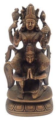 האל וישנו רוכב על גארודה על גבי פרח לוטוס, פסל ברונזה ישן, גובה 21 ס"מ