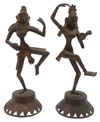 האלים שיווה ופרוואטי בריקוד, זוג פסלי ברונזה הודים ישנים, גובה 27 ס"מ