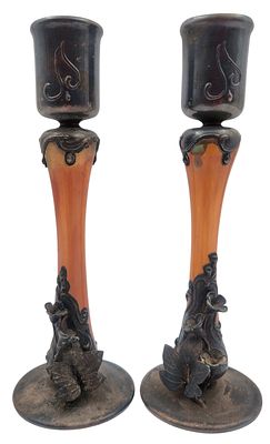 זוג פמוטי זכוכית וכסף 925 בניפוח יד, גובה 40 ס"מ