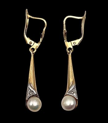 זוג עגילי זהב 14K, משובצים פנינים טבעיות, אורך 45 מ"מ, משקל 3.3 גרם