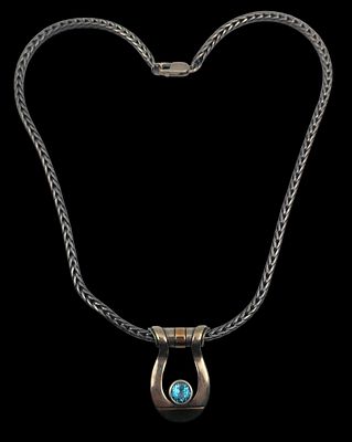 שרשרת כסף 925 עבה ותליון משולב זהב משובץ טופז כחול טבעי, אורך 43 ס"מ, משקל 34 גרם