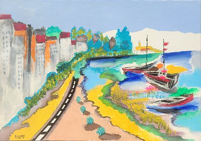 עודד פיינגרש (1938) חוף תל אביב, אקריליק על בד, חתום, 50X35 ס"מ