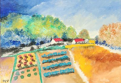 עודד פיינגרש (1938) קיבוץ בשרון, אקריליק על בד, חתום, 50X35 ס"מ